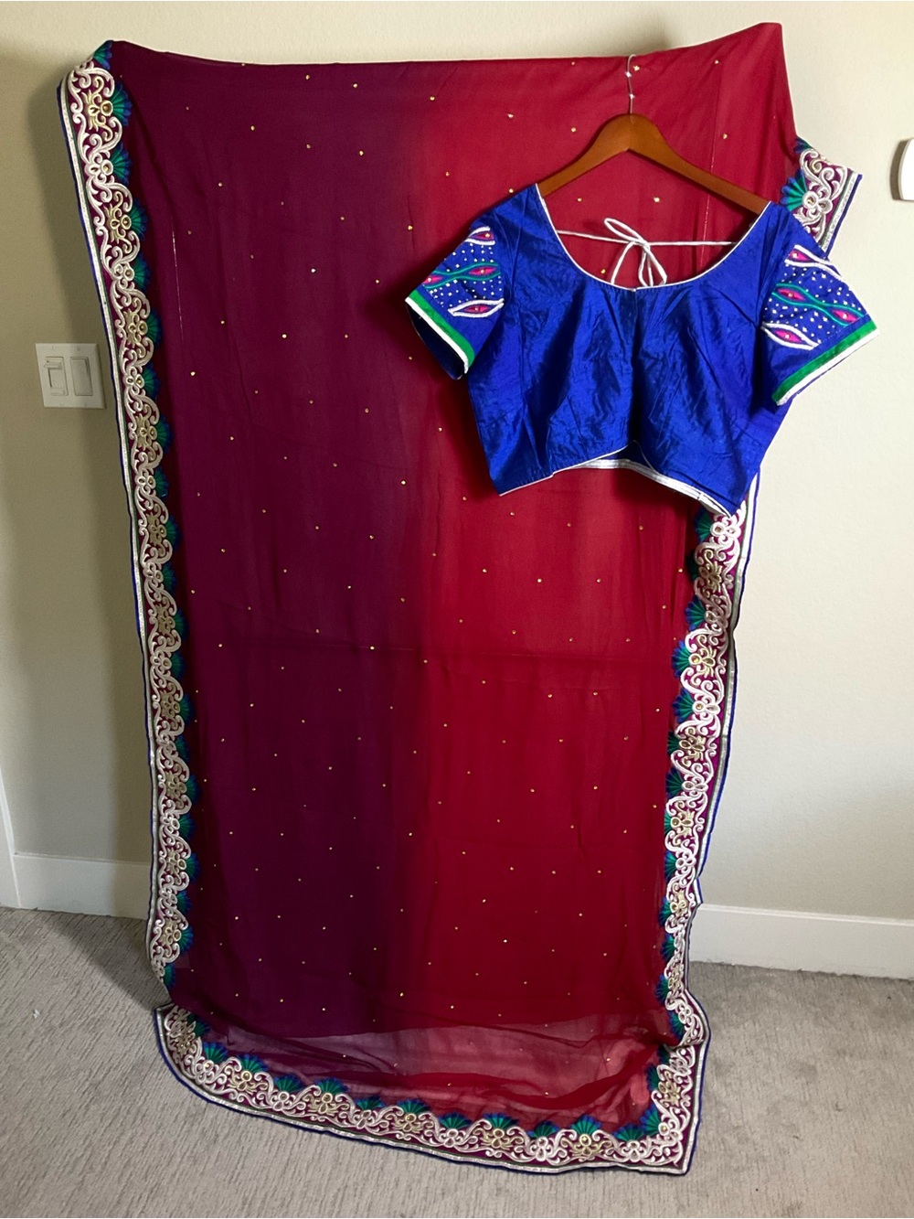 Maroon Saree with Royal Blue Embroidered Blouse